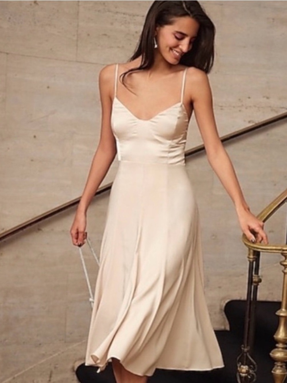 Express Elegant Champagne Midi Slip Dress Size Small 🥂🩰👡